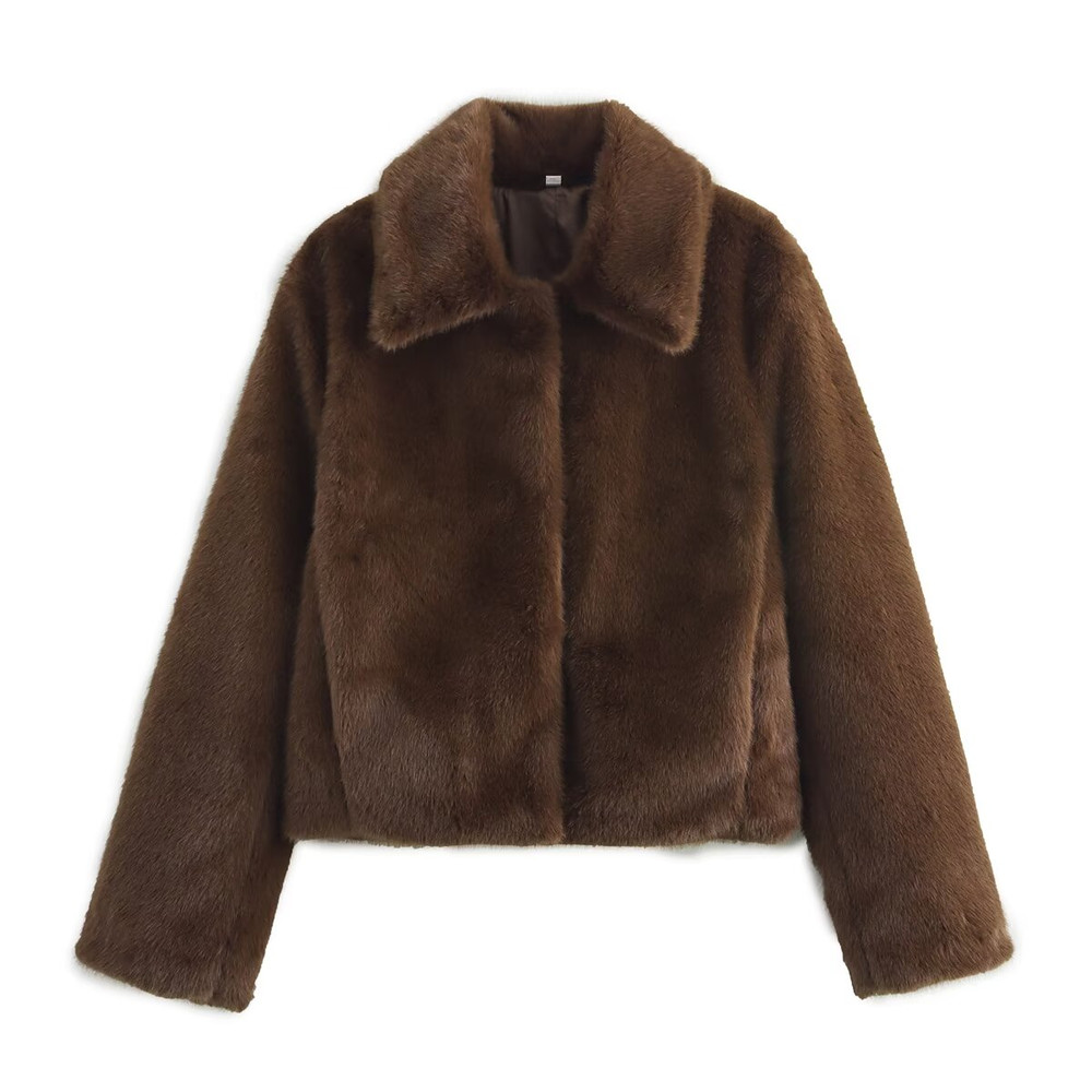 Brown Faux Fur Jacket, Women's Retro Streetwear Coat, Casual Crop Style with Side Pockets, Thick Warm Lapel for Winter