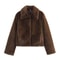 Brown Faux Fur Jacket, Women's Retro Streetwear Coat, Casual Crop Style with Side Pockets, Thick Warm Lapel for Winter