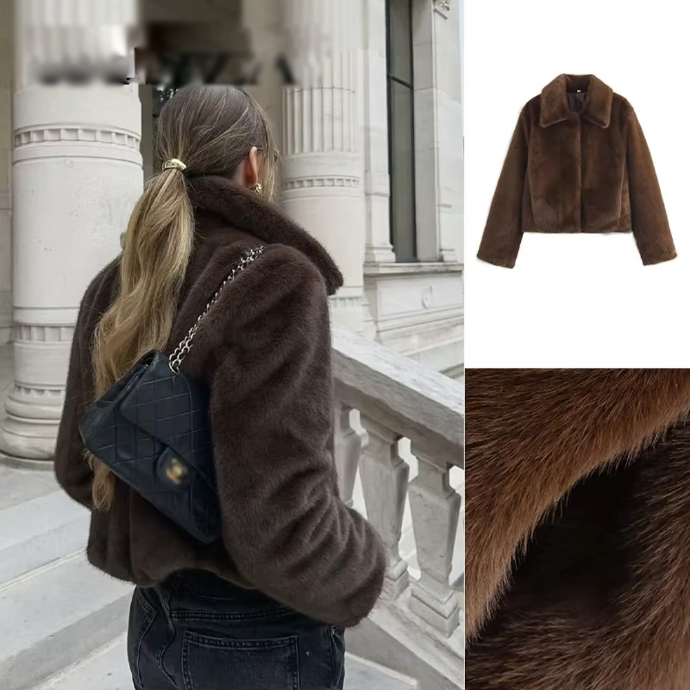 Brown Faux Fur Jacket, Women's Retro Streetwear Coat, Casual Crop Style with Side Pockets, Thick Warm Lapel for Winter