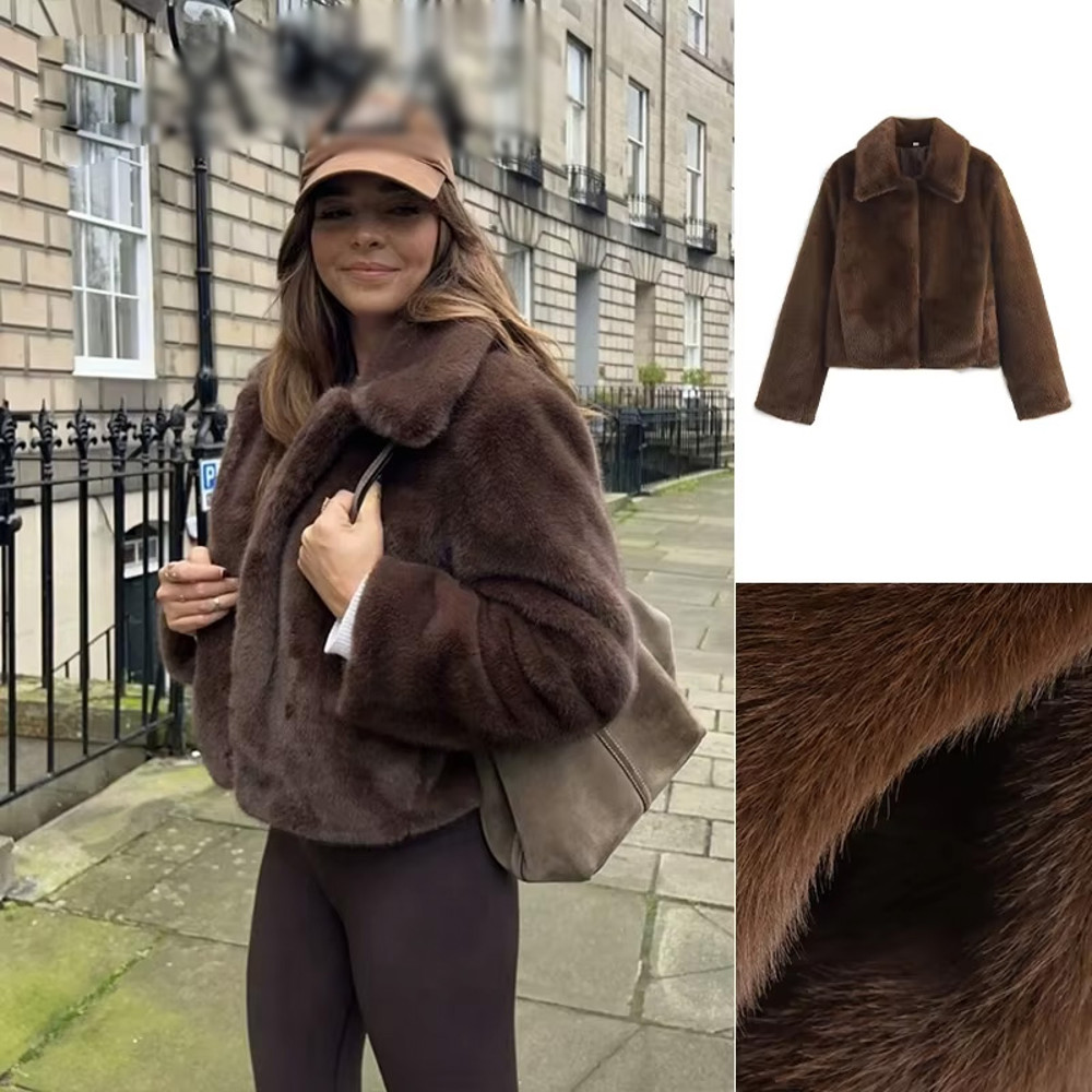 Brown Faux Fur Jacket, Women's Retro Streetwear Coat, Casual Crop Style with Side Pockets, Thick Warm Lapel for Winter