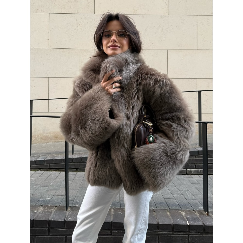 Chic Women's Furry Coat, Loose Fit with Stand Up Collar, Thick Warm Winter Outerwear, Solid Color Fashion