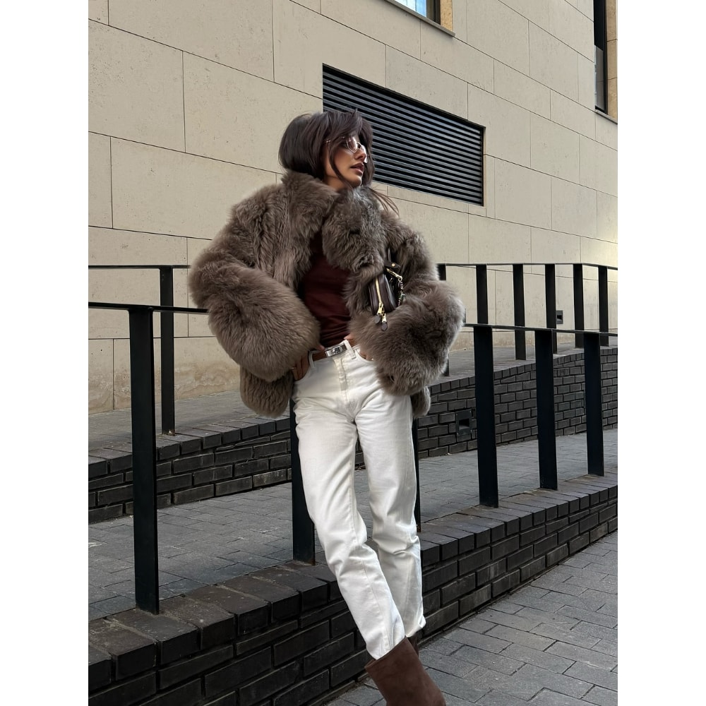 Chic Women's Furry Coat, Loose Fit with Stand Up Collar, Thick Warm Winter Outerwear, Solid Color Fashion