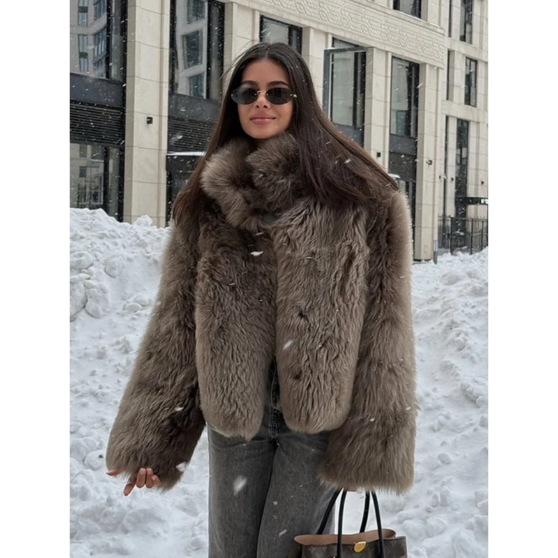 Chic Women's Furry Coat, Loose Fit with Stand Up Collar, Thick Warm Winter Outerwear, Solid Color Fashion