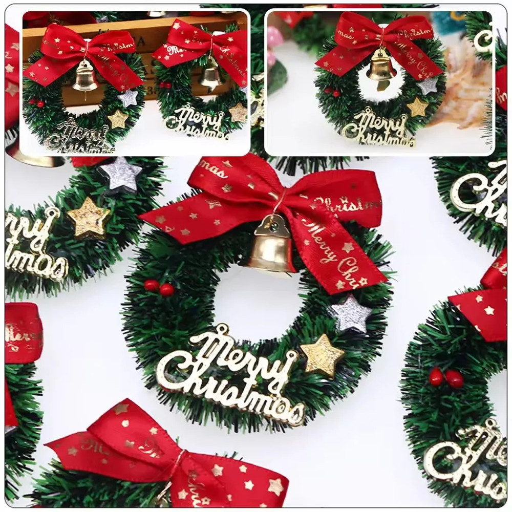 Mini Christmas Wreaths Pack, Artificial Plastic Tree Ornaments, Festive Red Bows and Golden Bells Decorations