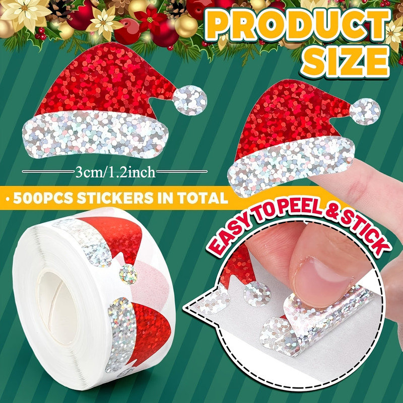 Flashing Christmas Hat Sticker, Laser Santa Claus Hat Waterproof Sticker, Red Christmas Envelope and Journal Decor