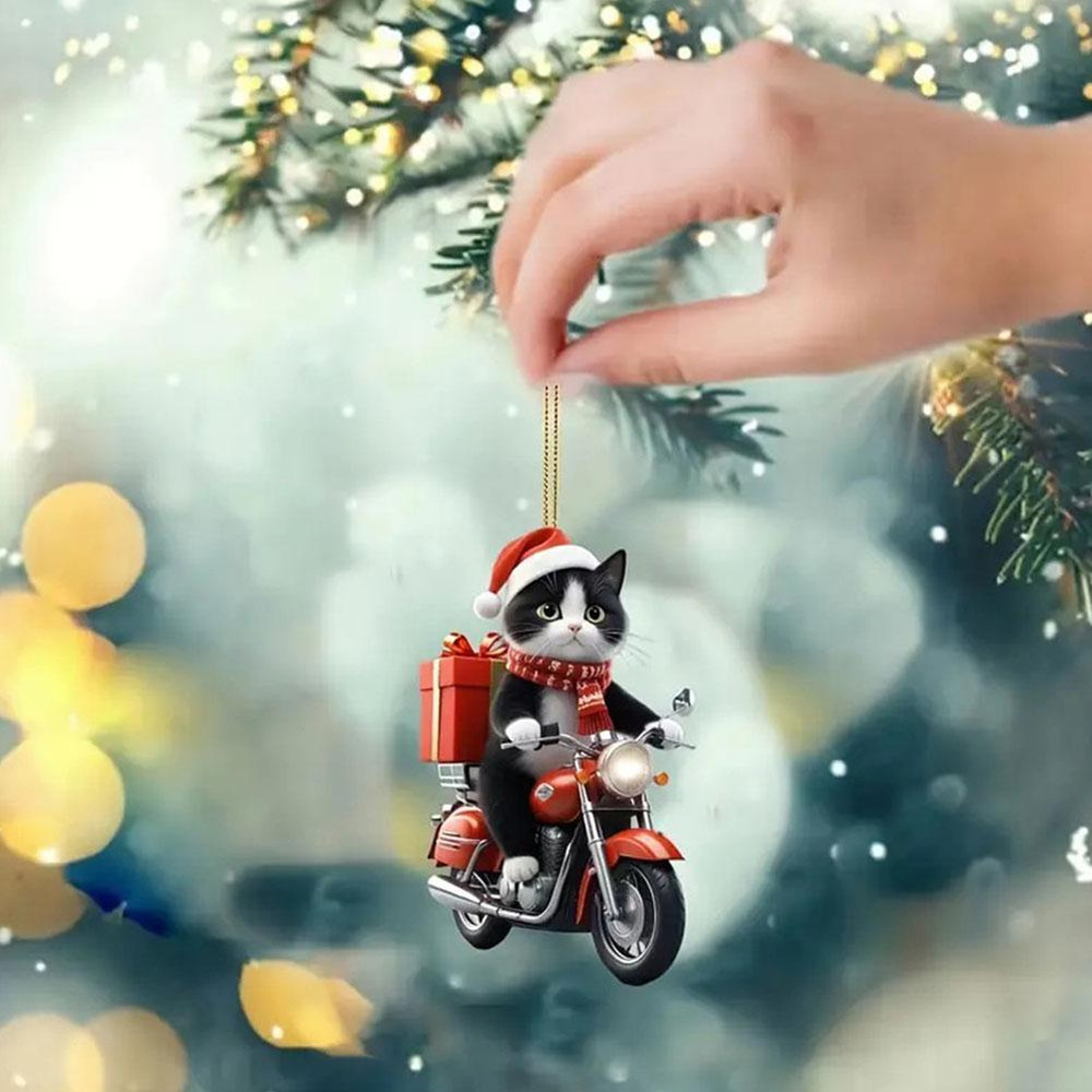 Cartoon Motorcycle Cat Acrylic Pendant Riding Kitten Flat Ornament Christmas Tree And Car Hanging D 1