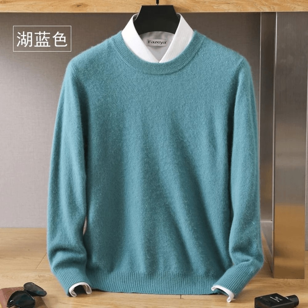 closeup of mens knit sweater texture and stitching quality
