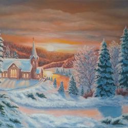 Painting "Winter sunset", oil painting, Size 60x70