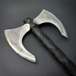 handmade Viking axe Odin's Double Head Viking Axe Hand Forged axe Carbon Steel Twin-Blade battle axe Engraving Blade axe