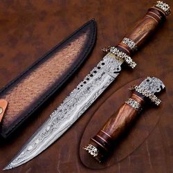 Custom Handmade Damascus Knife with Sheath, Engraved, Tactical, Bushcraft Knife Camping Gift for Husband, Survival Gear,