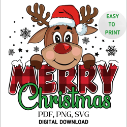 merry christmas reindeer png sublimation design, christmas deer with hat, funny deer png, merry christmas png, reindeer