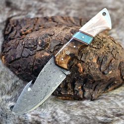 beautiful 8.25-inch gut hook skinning hunting knife with raindrops damascus steel blade, rosewood and epoxy resin handle