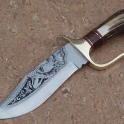 custom handmade d2 tool steel hunting bowie knife with antler stag horn handle and leather sheath
