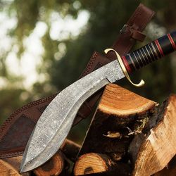 handmade damascus kukri knife, leather hanging sheath cover, survival knife, hunting knife, damascus handmade knife
