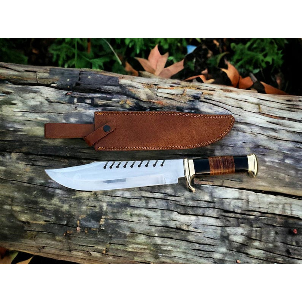 Crocodile Dundee Bowie Knife With Brass Guard And Buffalo Horn Handle Premium Leather Sheath Included Evergreen Cutlery 0