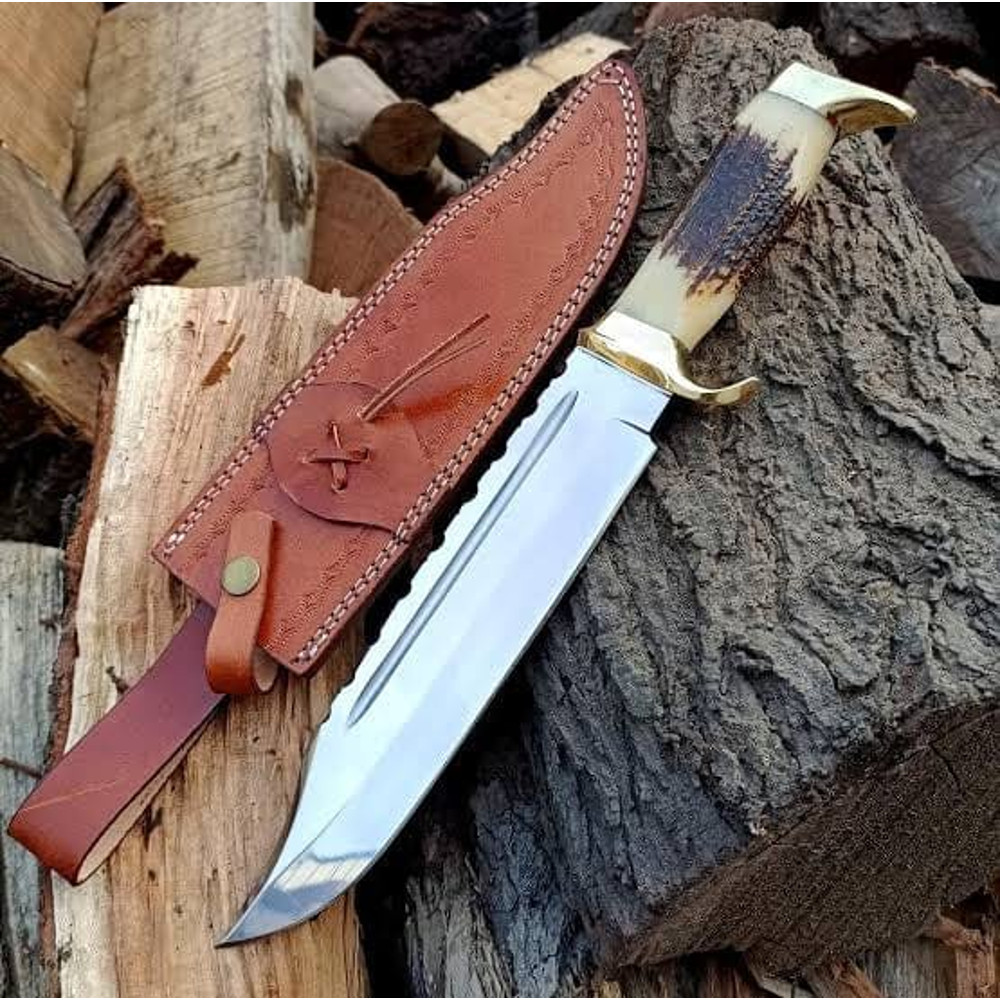 Custom Handmade J2 Steel Bowie Knife With Stag Handle Brass Guard Includes Leather Sheath Evergreen Cutlery 0