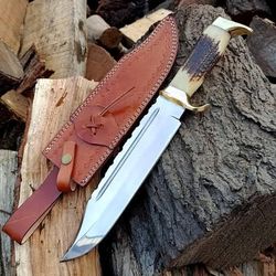 custom handmade j2 steel bowie knife with stag handle & brass guard includes leather sheath evergreen cutlery