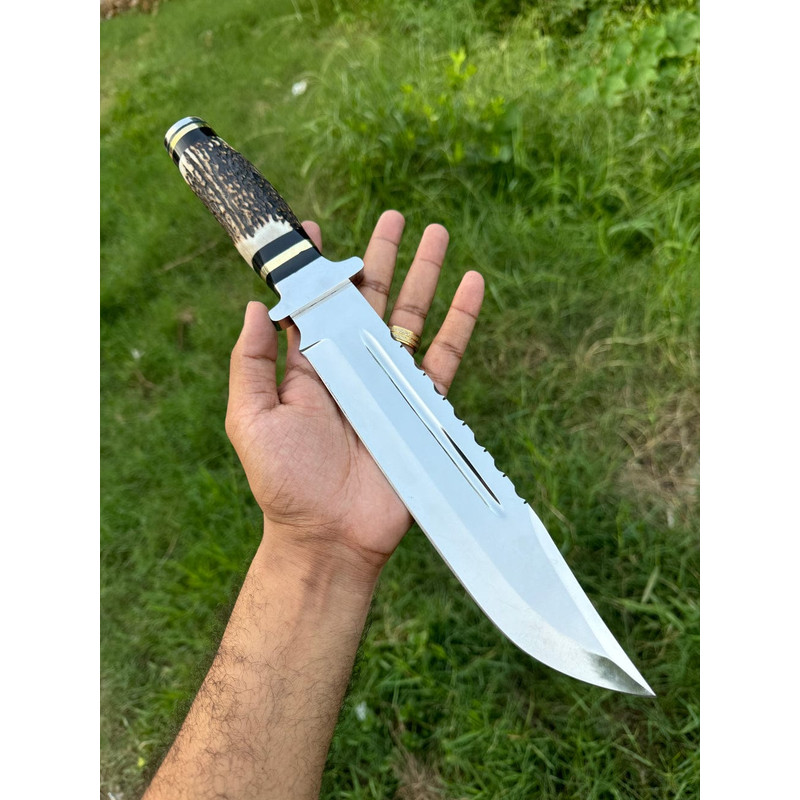 Custom Handmade J2 Steel Bowie Knife With Stag Horn Handle And Steel Guard Includes Leather Sheath Evergreen Cutlery 0