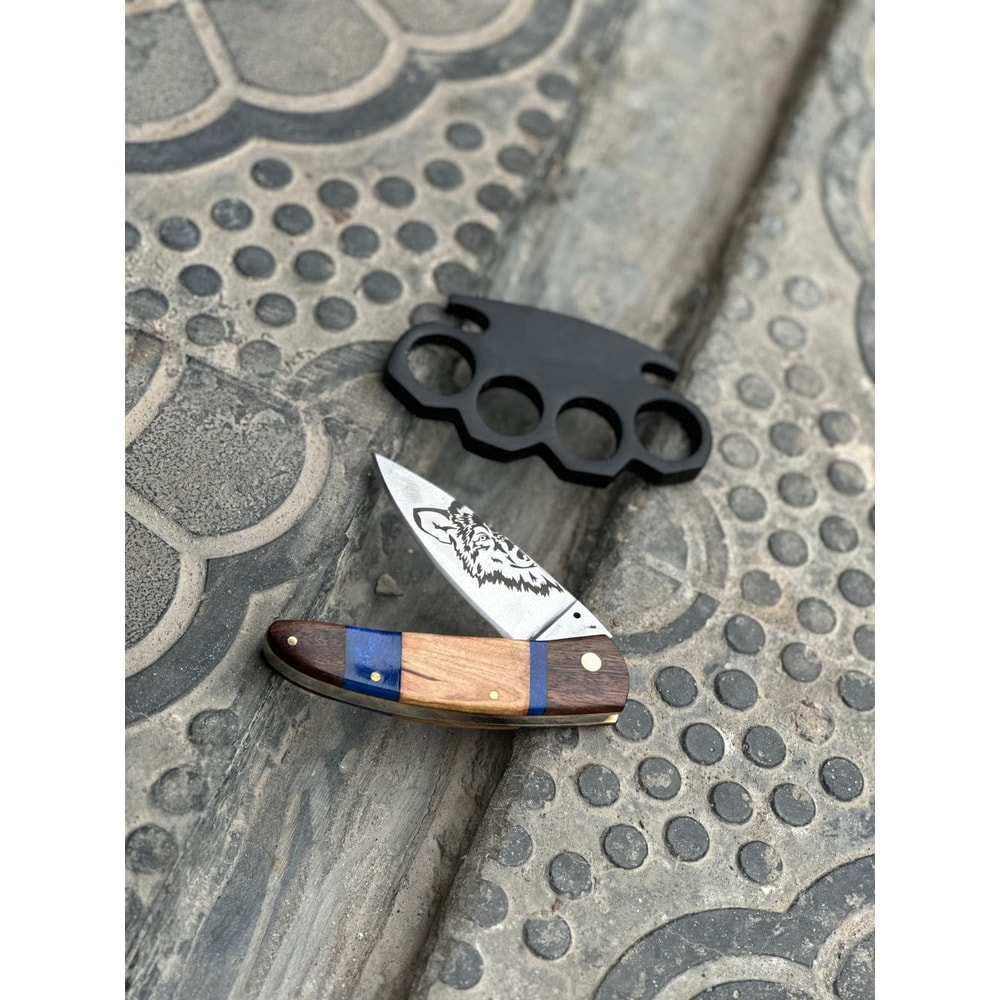 Custom Handmade Black Steel Knuckle With Pocket Knife And Belt Loop Leather Case Solid Brass SelfDefense Duster EDC 2