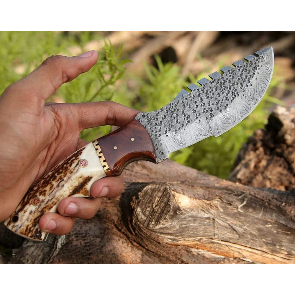 Damascus Steel Tracker Hunting Knife With Stag Horn Handle And Leather Sheath Evergreen Cutlery 0