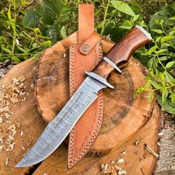 14-inch twist damascus steel hunting bowie knife handcrafted with rosewood handle & leather sheath