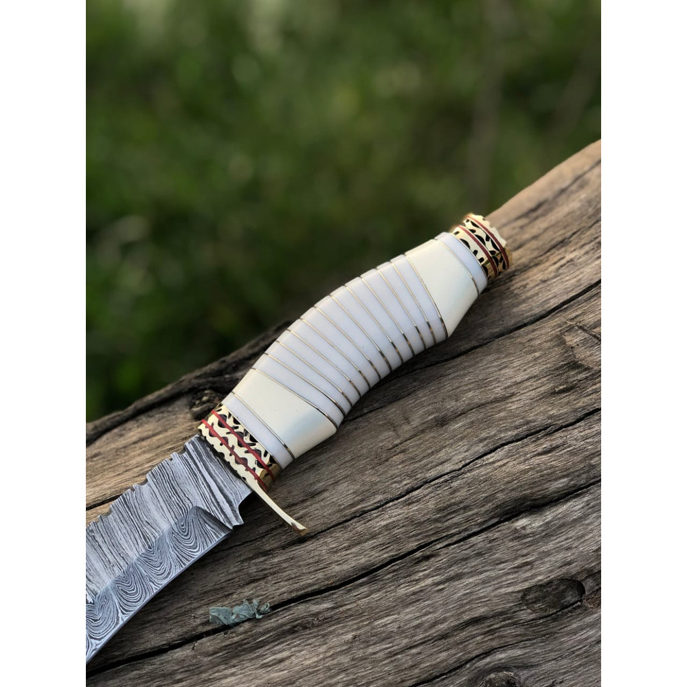 Handmade Damascus Steel Blade Bowie Knife Decorated Camel Bone Handle EC 2