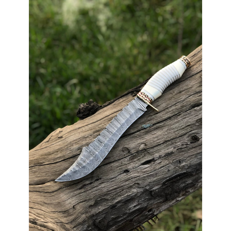 Handmade Damascus Steel Blade Bowie Knife Decorated Camel Bone Handle EC 0