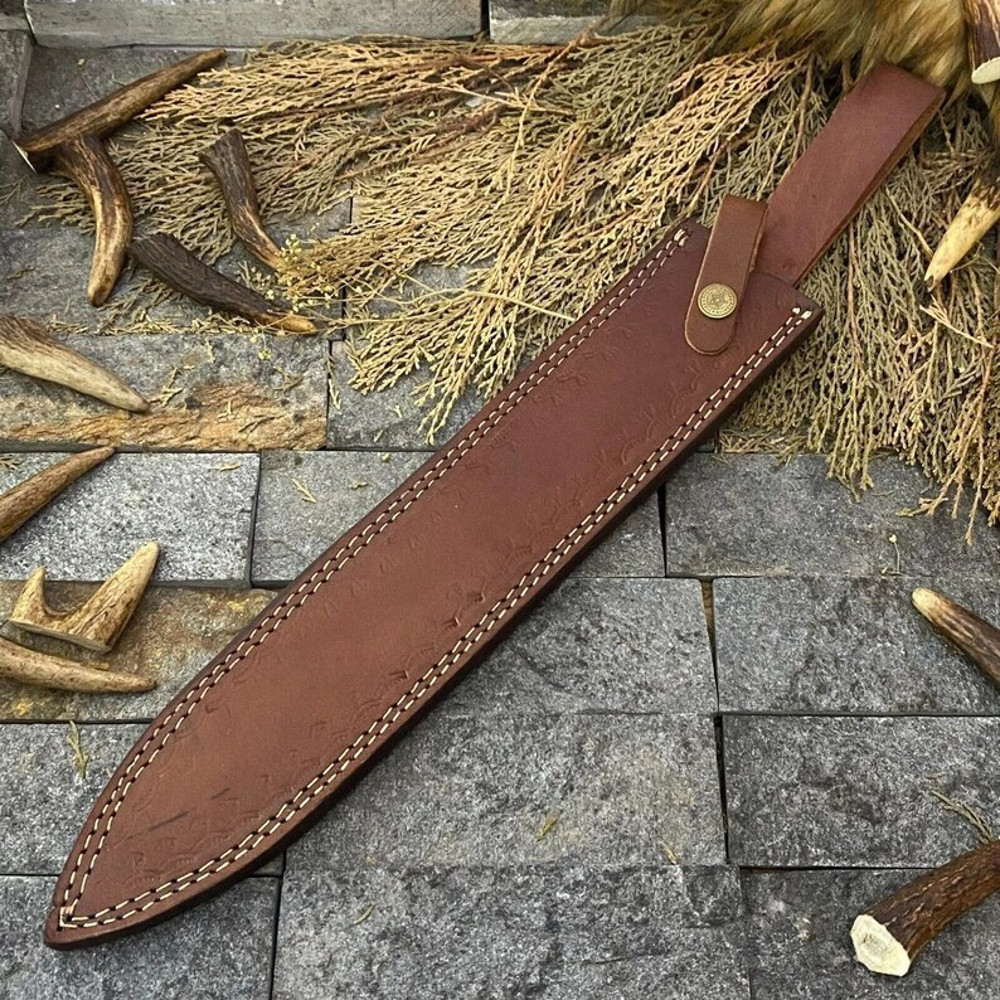 Custom Handmade Sword Damascus Steel Hunting Knife Camel Bone Handle With Leather Sheet EC 5