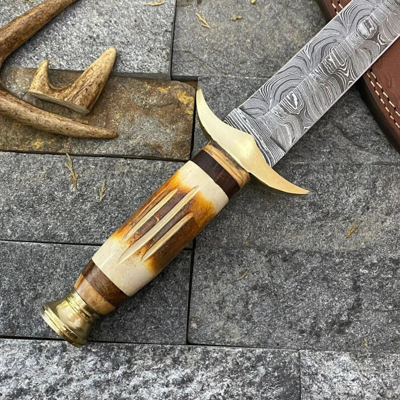 Custom Handmade Sword Damascus Steel Hunting Knife Camel Bone Handle With Leather Sheet EC 4