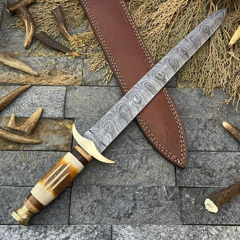 Custom Handmade Sword Damascus Steel Hunting Knife Camel Bone Handle With Leather Sheet EC 0