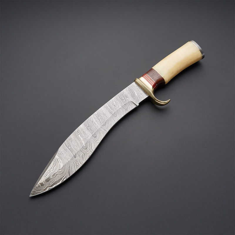 Custom Handmade Damascus Steel Camy Kukri Knife With Camel Bone Handle Leather Sheath Evergreen Cutlery Best Gift 1