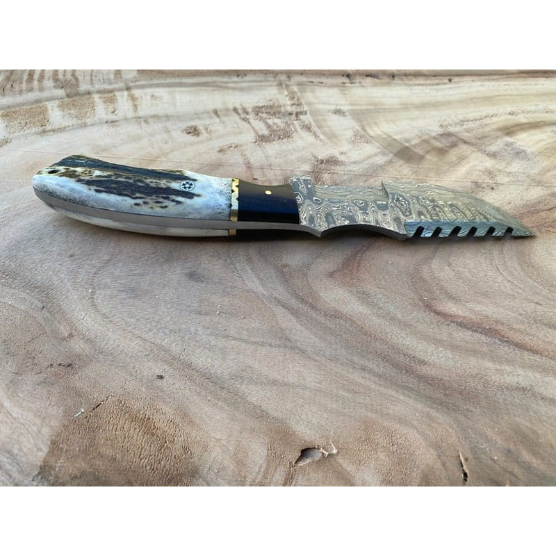 Hammered Damascus Tracker Knife With Stag Antler Handle Hunting Knife Includes High Quality Leather Sheath Best Gift 4