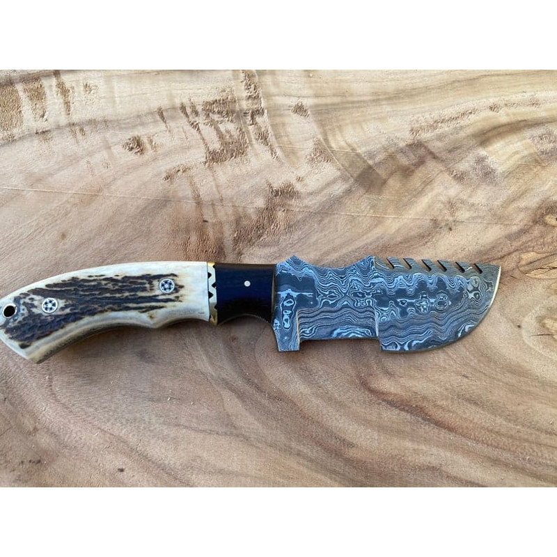 Hammered Damascus Tracker Knife With Stag Antler Handle Hunting Knife Includes High Quality Leather Sheath Best Gift 3