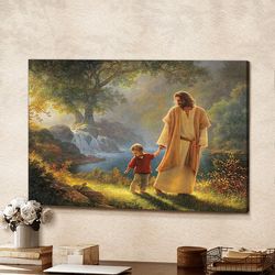 Boy Walking with Jesus Canvas Wall Art Jesus Christ Poster - God Jesus Horizontal Canvas Prints - Christ Pictures
