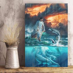 God Jesus Horizontal Canvas Prints - God Wall Art - Jesus and Beautiful Dolphin Canvas - Jesus Canvas Wall Art