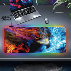 rgb gaming mouse pad with eagle design – non-slip desk mat with wrist support, colorful flames & ice artwork