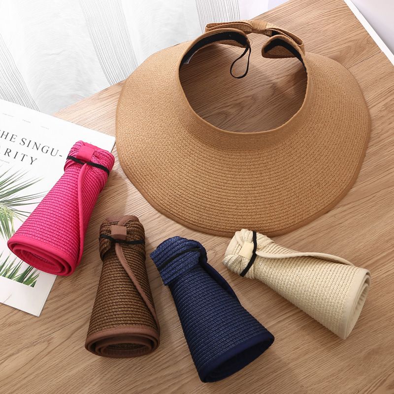 UV Protection Beach Straw Hat For Women Foldable Wide Brim Bowknot Visor Sun Hat For Travel  Summer 0