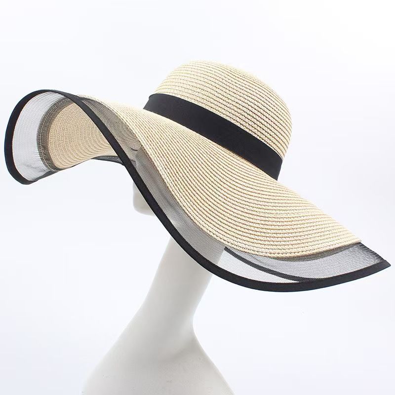 Women Big Brim Sun Hat Foldable Straw Beach Hat With UV Protection Vintage Waves Design 5
