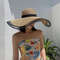Women Big Brim Sun Hat Foldable Straw Beach Hat With UV Protection Vintage Waves Design 0