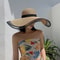 Women Big Brim Sun Hat Foldable Straw Beach Hat With UV Protection Vintage Waves Design 0
