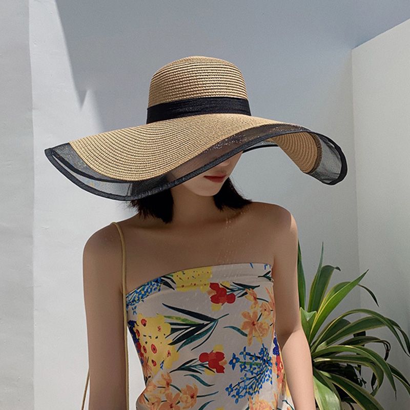 Women Big Brim Sun Hat Foldable Straw Beach Hat With UV Protection Vintage Waves Design 0