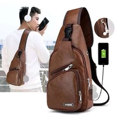 usb charging chest bag for men, lightweight pu crossbody sling bag | anti theft zipper design & phone charging port