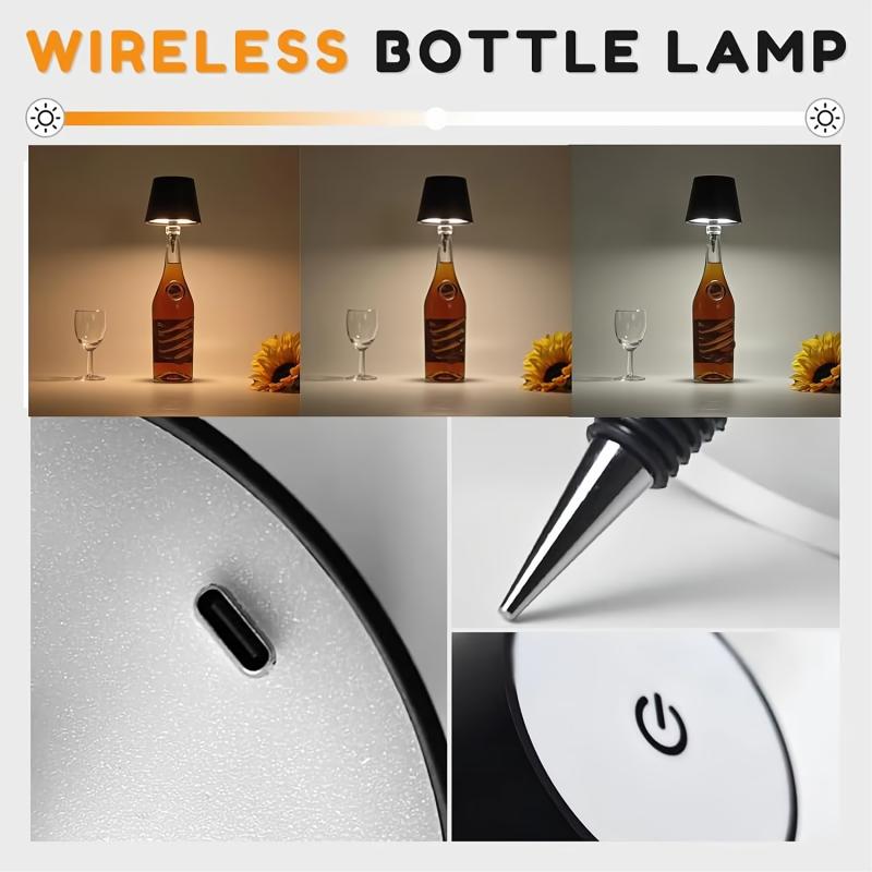 Wine Bottle LED Table Lamp – USB Rechargeable, Wireless, Top Touch Dimmer, 3-Color Lighting