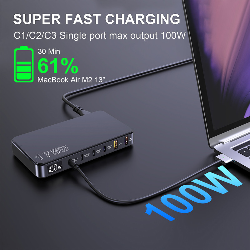 175W GaN USB C Desktop Charger 6Port PD 100W PPS 45W Fast Charging with LED Display