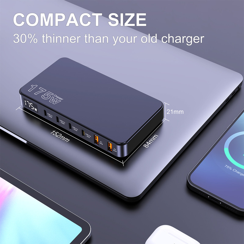 175W GaN USB C Desktop Charger 6Port PD 100W PPS 45W Fast Charging with LED Display