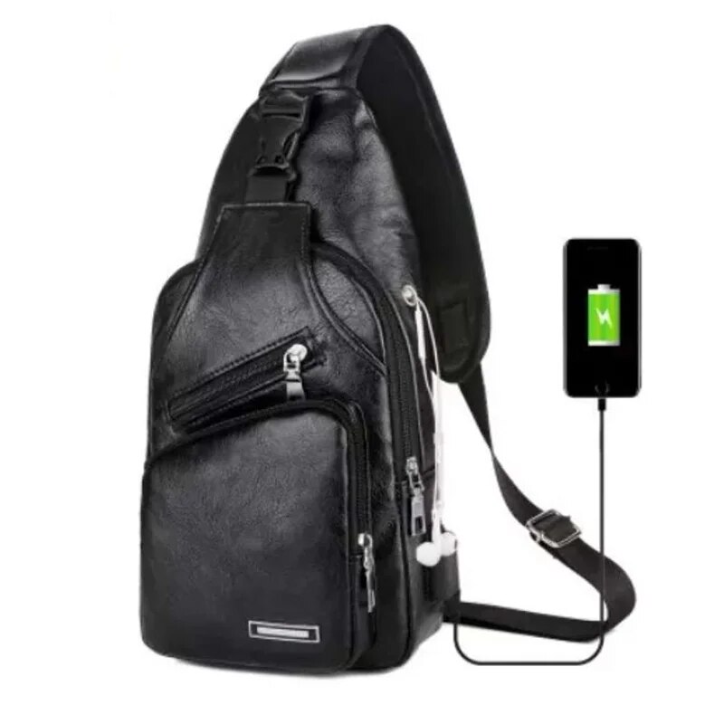 Multifunctional Casual PU Crossbody Bag with USB Charging Mens Chest Bag for Daily Use