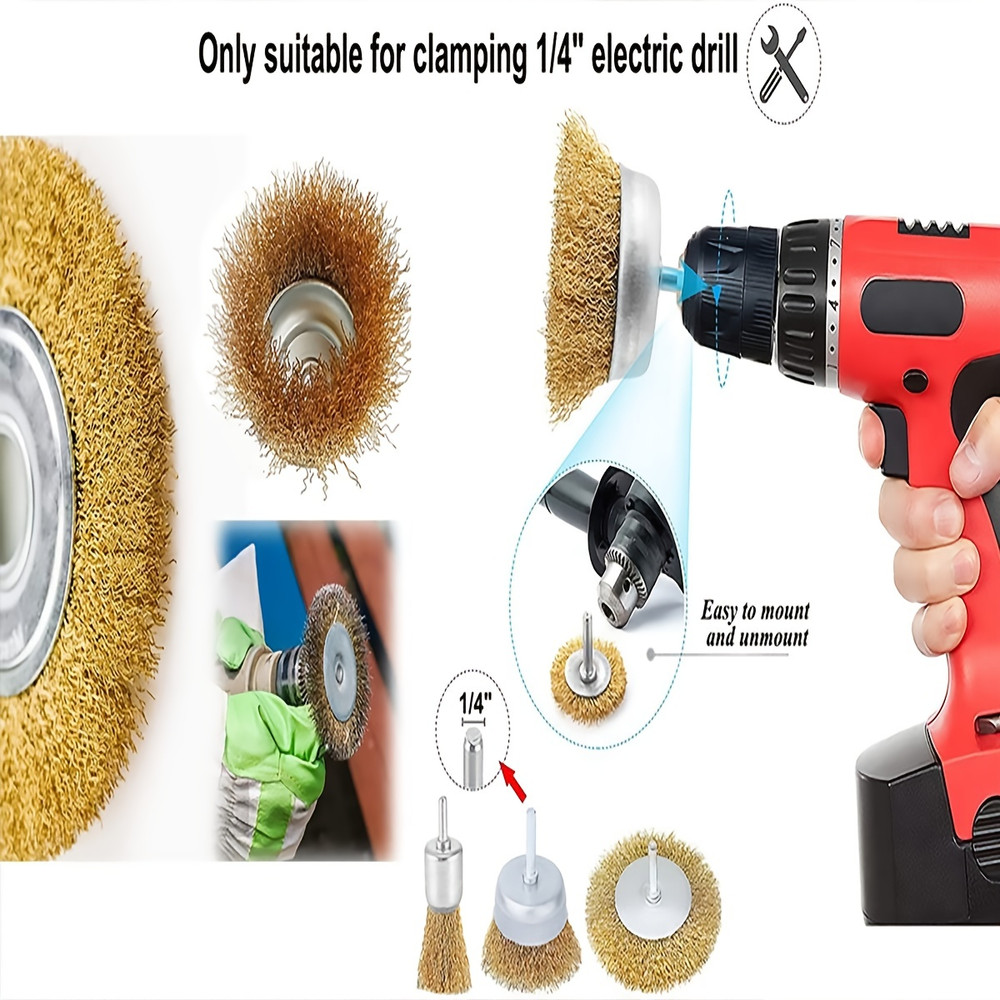 Coarse Crimped Wire Wheel Brush Set 14 Shank Drill Attachment For Rust  Paint Removal 3