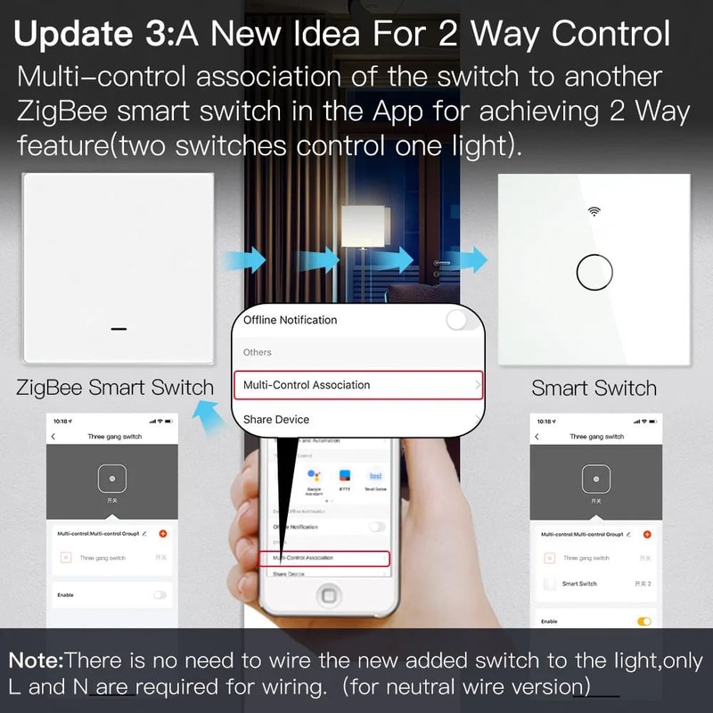 Smart Light Switch Tuya No Neutral Wire Required 23Way MultiControl Compatible With Smart Life App 3