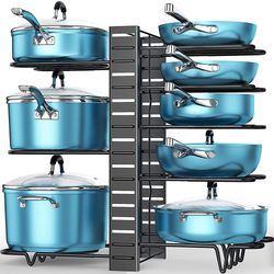 8-tier adjustable pan and pot organizer rack, versatile kitchen cabinet storage solution
