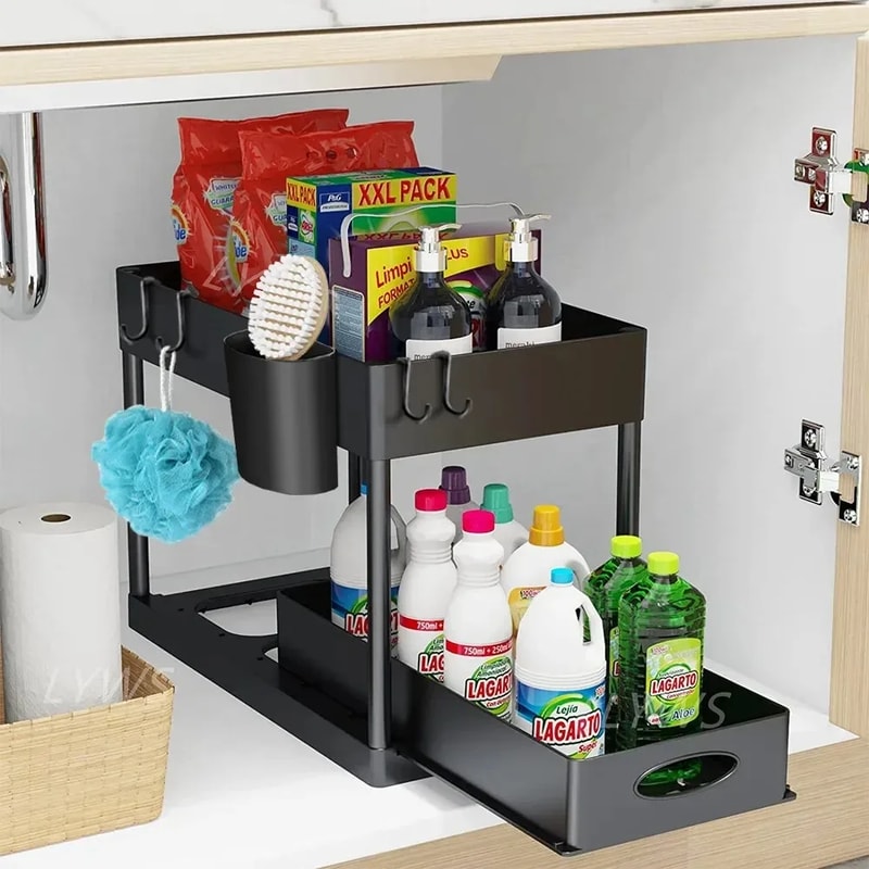 Under Sink Organizer 2Tier Sliding Cabinet Basket Kitchen Bathroom Storage Rack With Hooks And Han 7